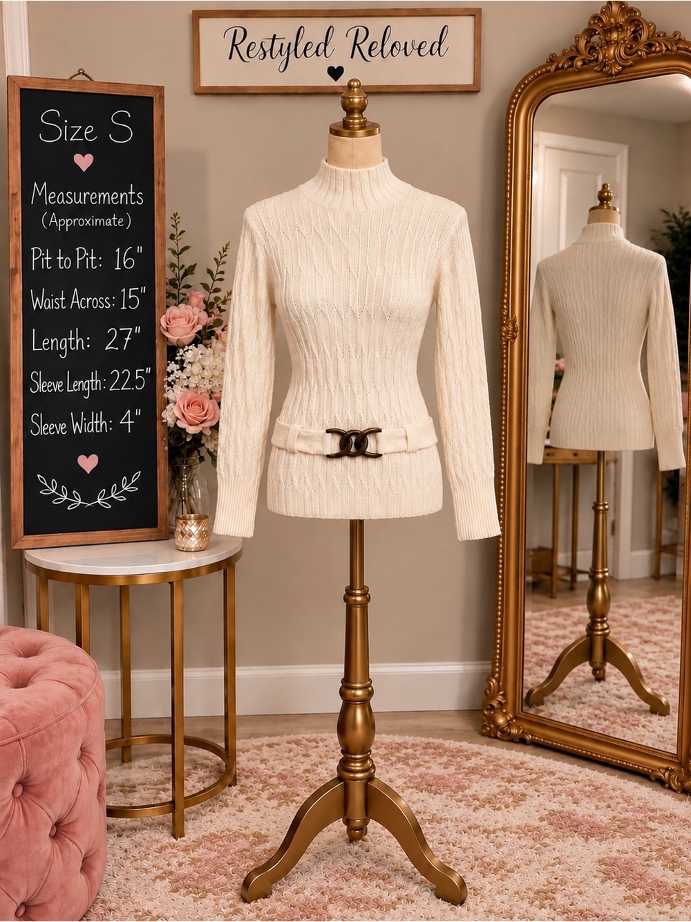 Vintage Les Zazies Paris Cream Ribbed Mock Neck Belted Sweater Size Small